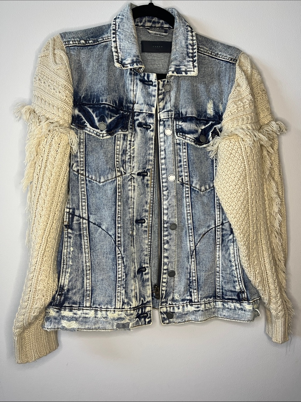 Blank NYC mixed media denim jacket cable knit sleeves fringed fall autumn coat